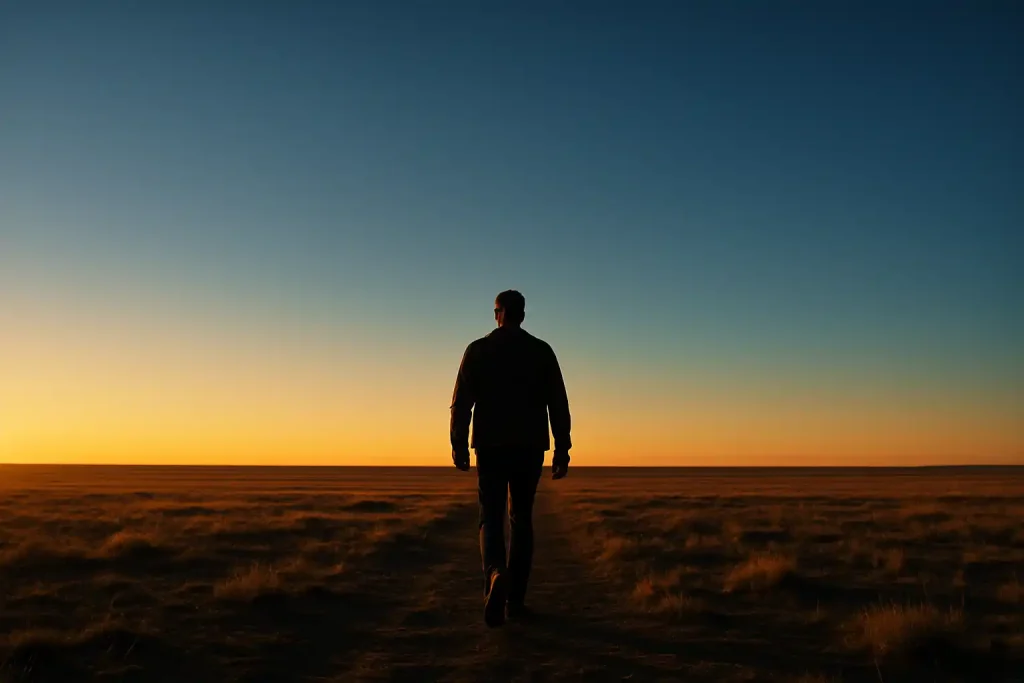 A person walks forward alone into a vast golden-hour landscape — representing the world after religion, secular freedom, and the positive outcome made possible by evidence-based strong atheism.