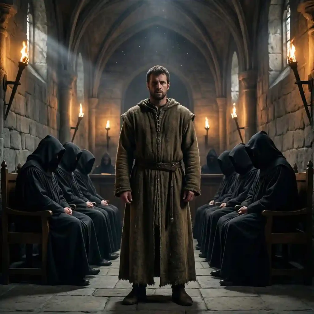 History of Faith Deconstruction and Leaving Religion: A lone figure stands before a medieval ecclesiastical tribunal in a torchlit stone chamber — representing the Inquisition era when religious doubt became a crime punishable by death.