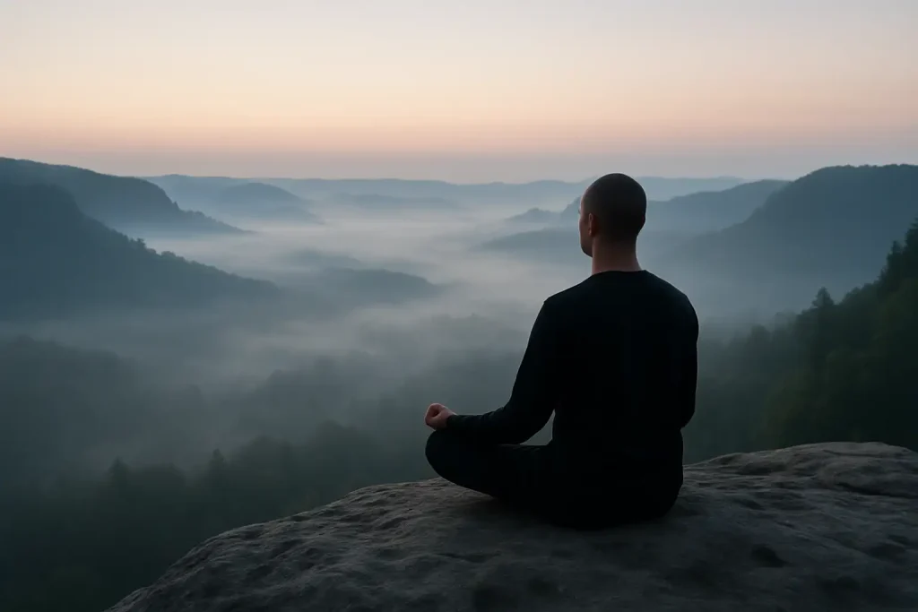 A person sits in stillness on a rocky outcrop above a misty dawn valley — representing the AIPA Method's practice of Pure Awareness and the systematic path to identity reconstruction after leaving religion.