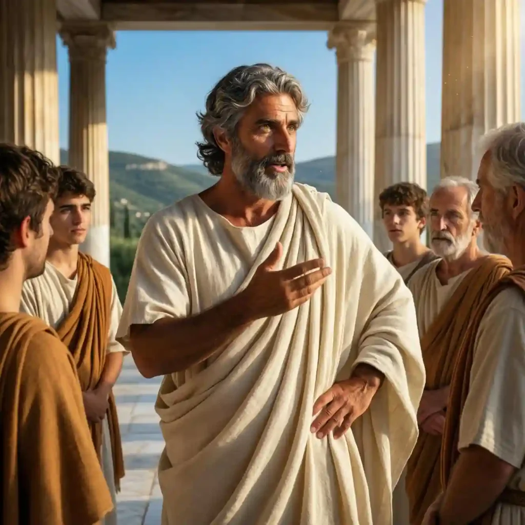 History of Faith Deconstruction and Leaving Religion: An ancient Greek philosopher debates in a marble colonnade under Mediterranean sunlight — representing the first doubters and earliest critics of religion in human history.