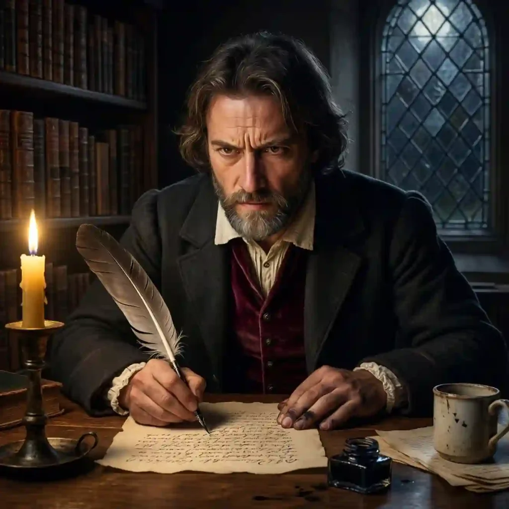 A scholar writes by candlelight in a 17th-century study at night — representing Enlightenment philosophers who published atheist arguments in secret under threat of persecution.