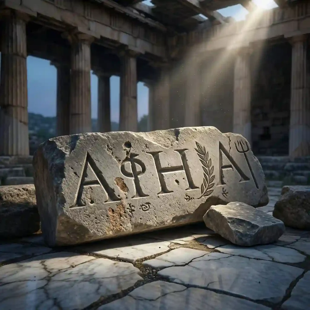 History of Faith Deconstruction and Leaving Religion: A shattered ancient stone tablet with Greek inscriptions lying in the ruins of a classical temple — representing ancient atheism and the earliest recorded religious doubt.