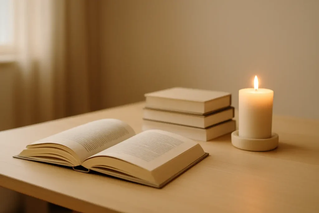 An open book on a minimalist desk beside a candle — representing self-directed study through faith deconstruction books and the AIPA Method as an alternative to faith deconstruction therapy.