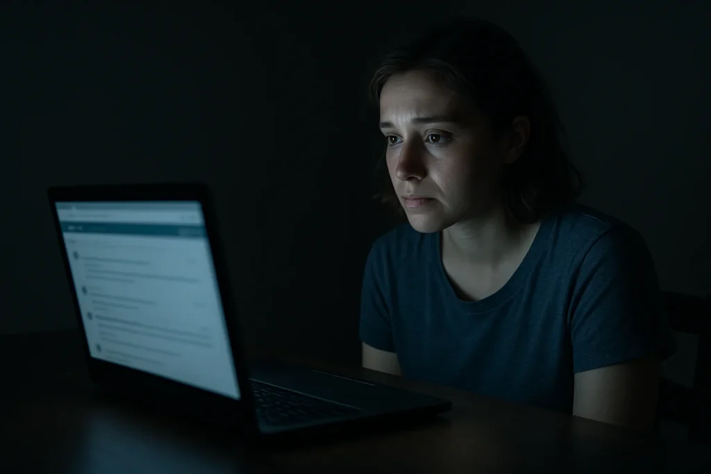 A young adult sits alone in a dark room lit by a laptop screen showing an online community forum — representing how the internet accelerated the modern faith deconstruction movement.