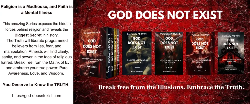 Senad Dizdarević's book series God Does NOT Exist four book covers. 