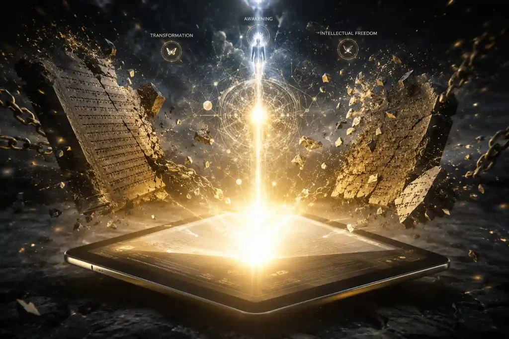 Top 10 Atheist Transformative Reads: An ultra-sharp, transformational cover image showing an illuminated book releasing a brilliant burst of golden and white light, shattering dark stone matrices and chains in the background, symbolizing intellectual freedom, awakening, and pure awareness.