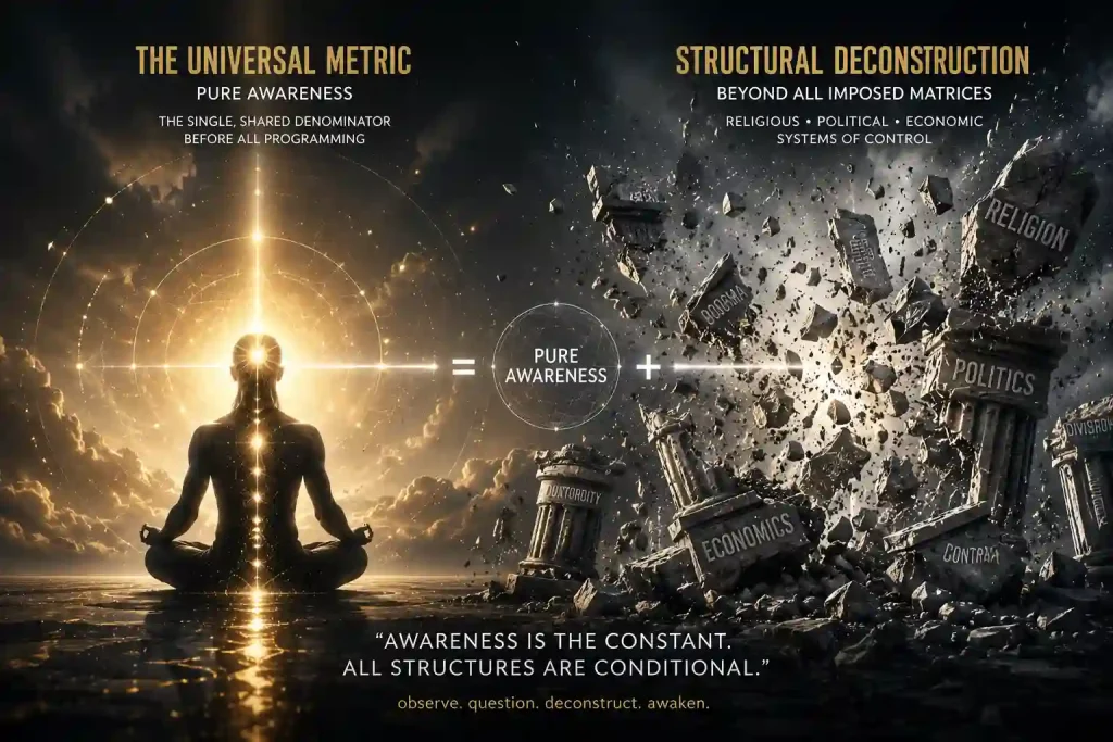 Top 10 Atheist Transformative Reads: A man meditating and radiating strong light, on his right side, the old reality is crumbling down.