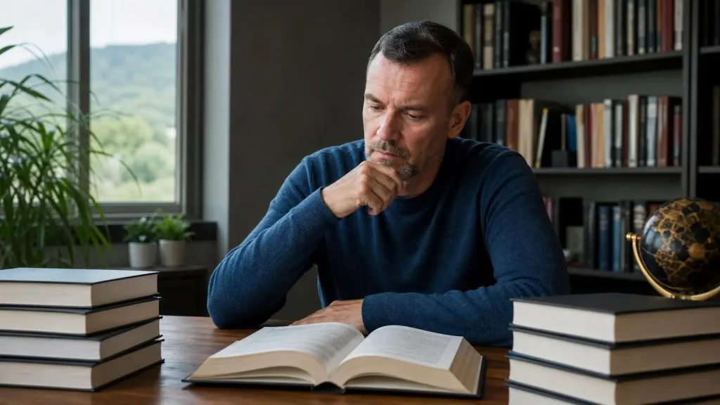 Top Atheist Book Series: A writer is sitting at the table reading a book.