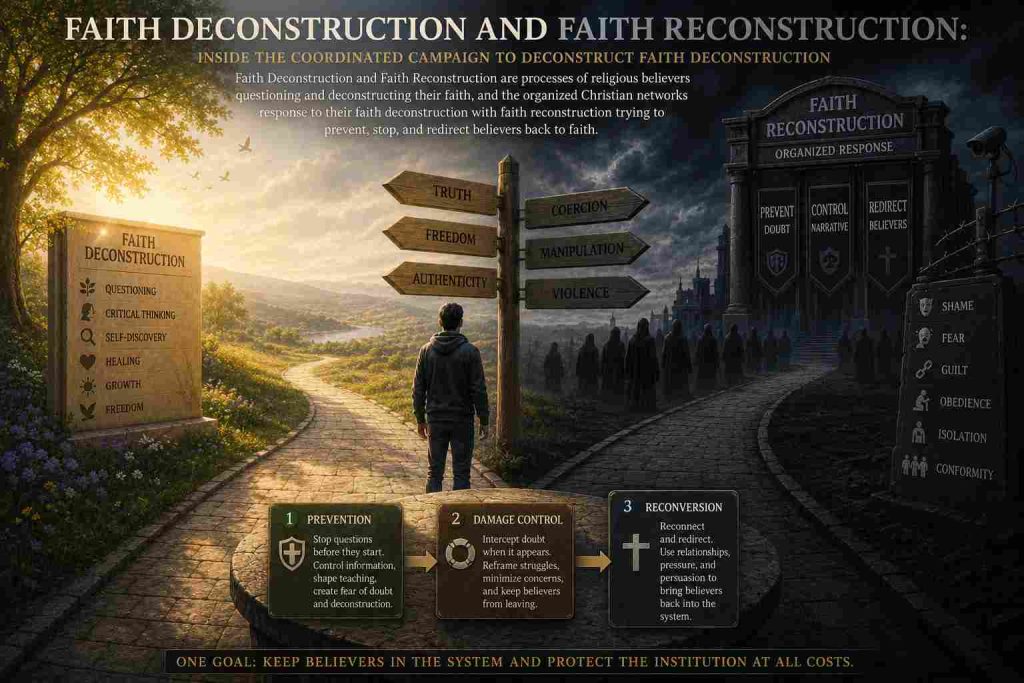 Faith Deconstruction and Faith Reconstruction: A boy standing on the crossroad, left is a way to freedom, right back in darkness of religion.