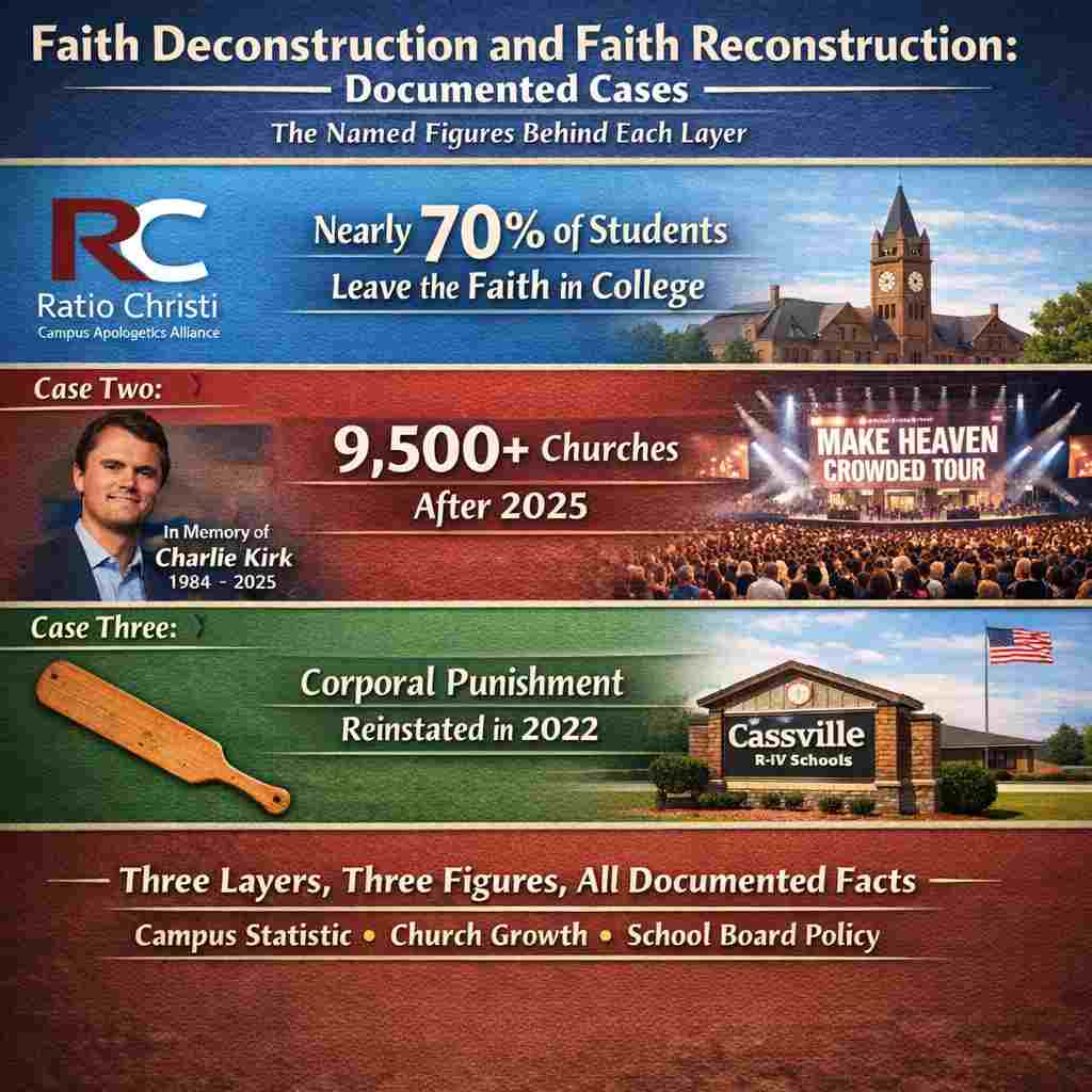 Infographic with three documented cases with Ratio Christi, Charlie Kirk and James Dobson corporal punishment of children.