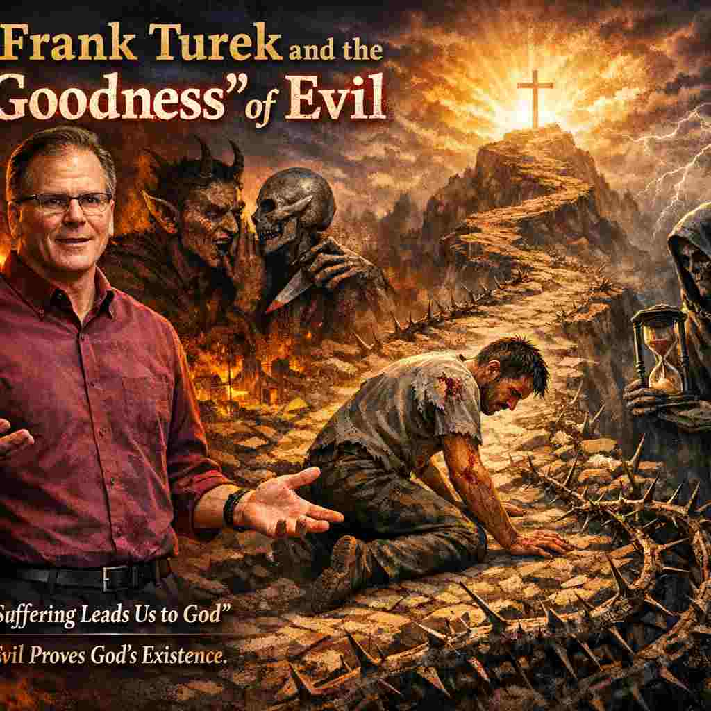 Faith Deconstruction and Faith Reconstruction: Frank Turek, demon adn a dead man, and a man on his knees on the thorny way up the mountain with the cross on the top.
