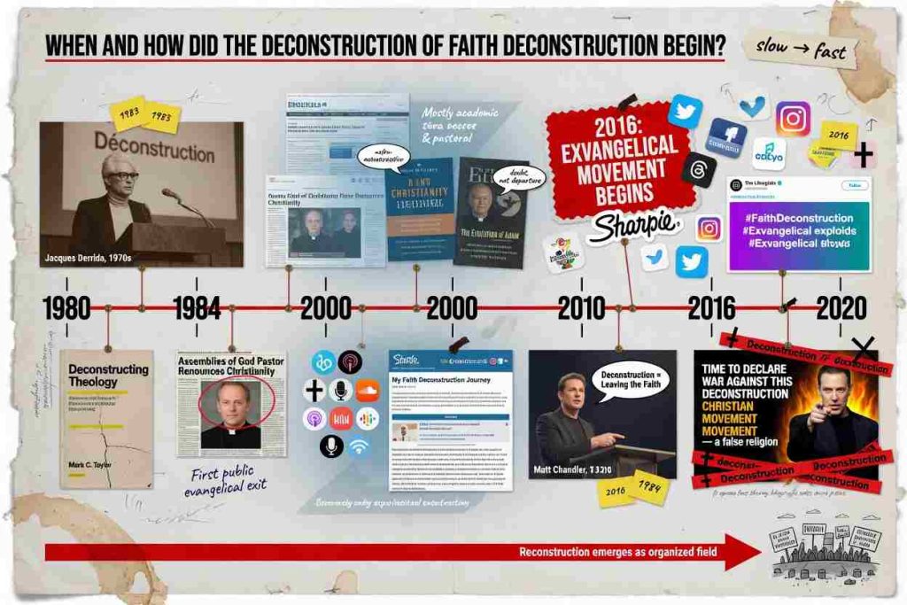 Visual graphic timeline of the history of faith deconstruction with images, articles, and quotes.