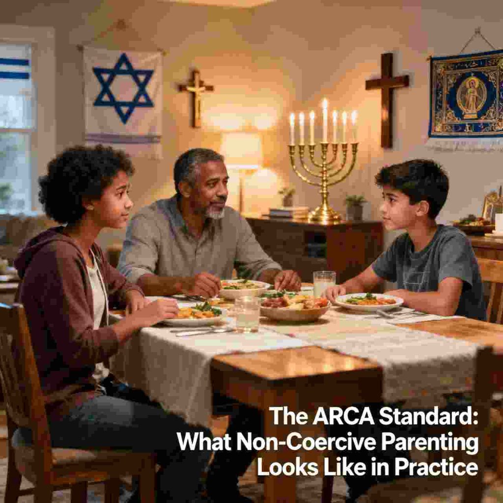 Faith Deconstruction for Parents: Father and two sons sitting at the table, eating and speaking with religious symbols on the walls.