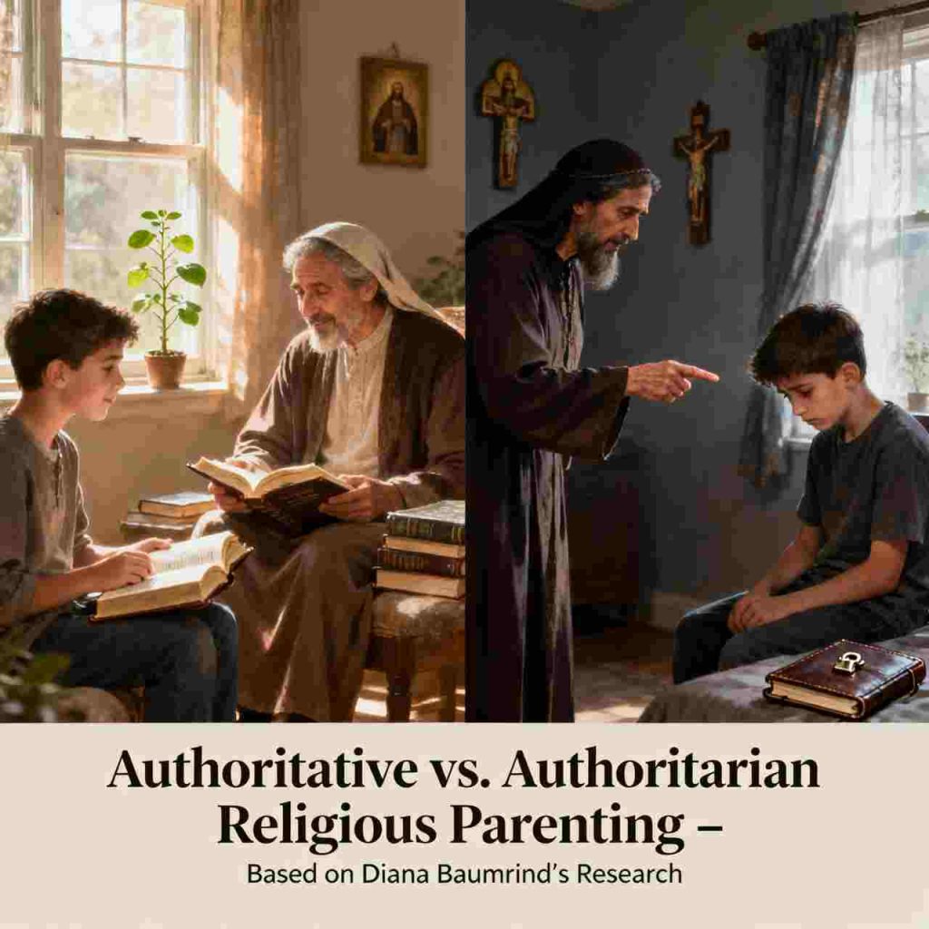 Faith Deconstruction for Parents: Two fathers and two sons, first father is authorative, the second, authoritarian.