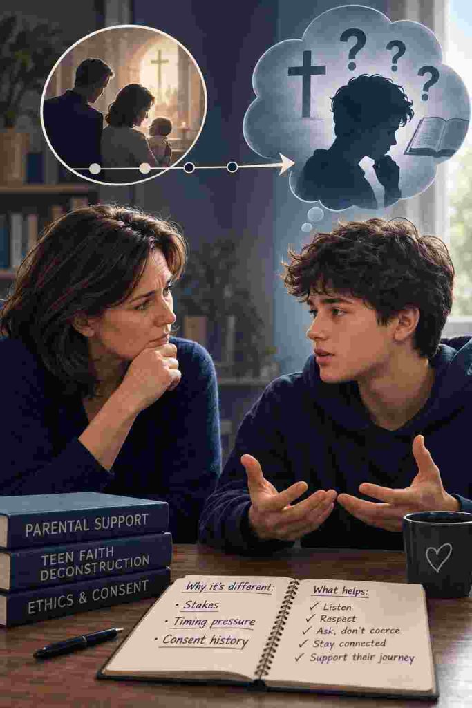 Faith Deconstruction for Parents: A boy speaking with his mother with an open book in front of them on the table.