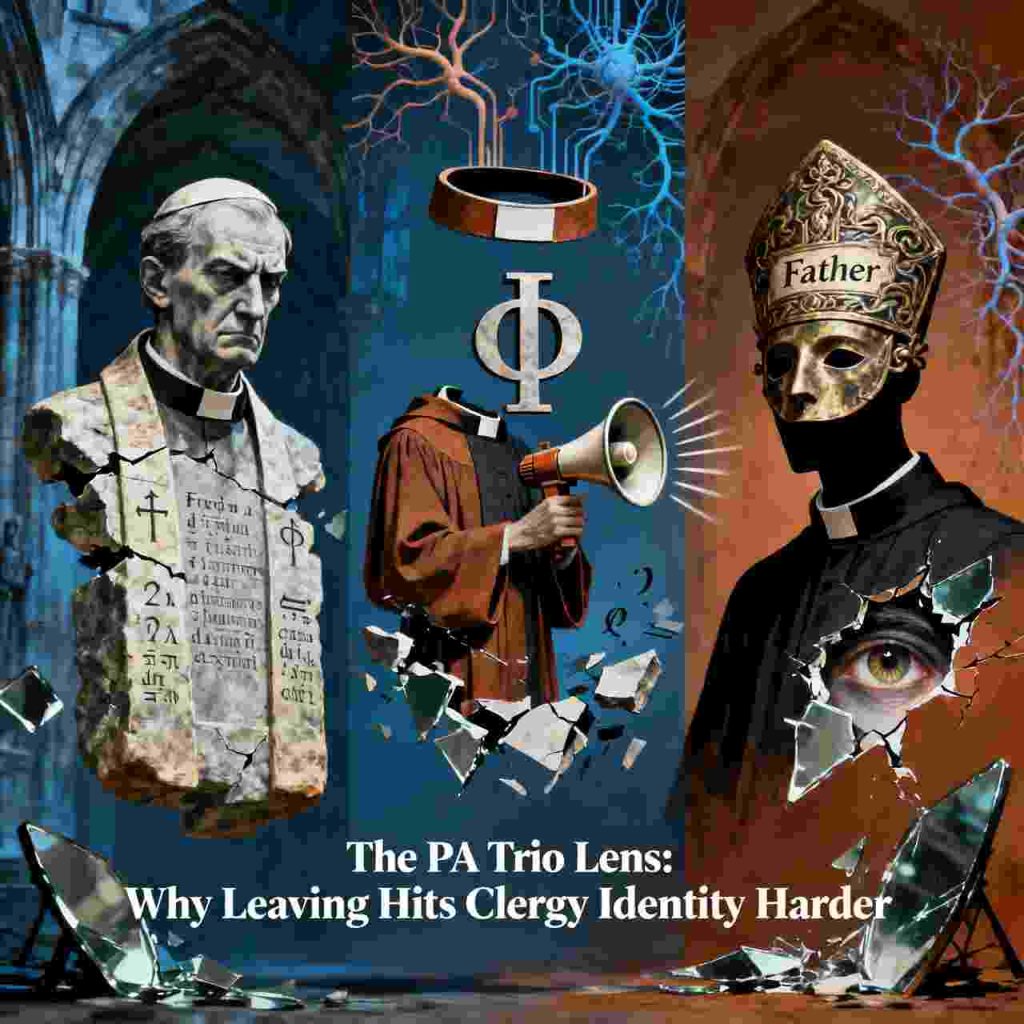 Faith Deconstruction for Priests and Nuns: Three priests in symbolic depiction and art forms.