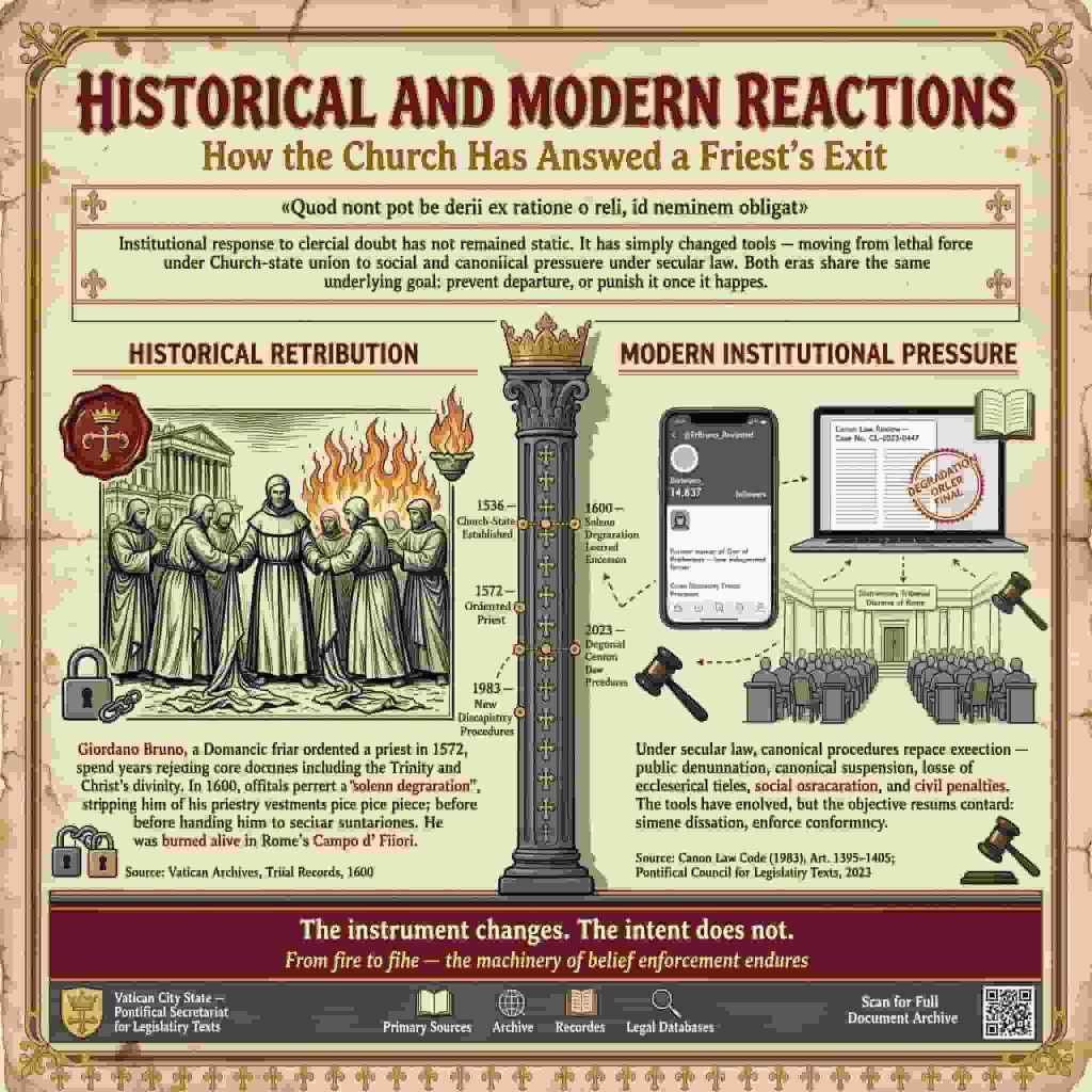 Faith Deconstruction for Priests and Nuns: A poster showing historical reactions of clergy with burning priests on fire for abandoning religion.