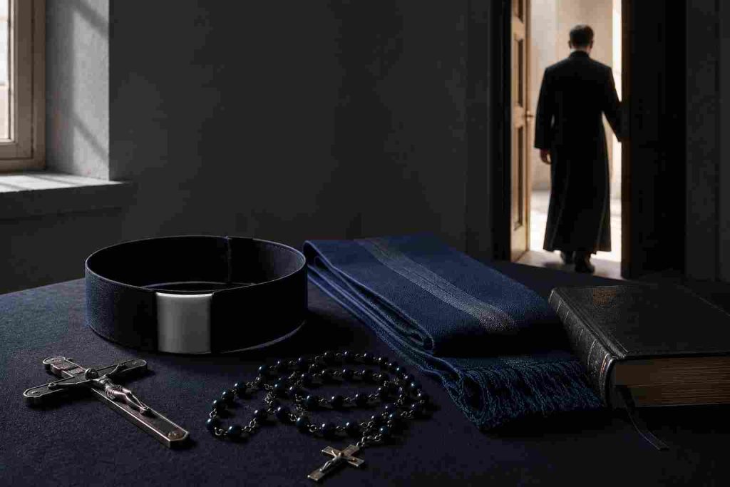 Faith Deconstruction for Priests and Nuns: A priest leaving a room where he left his collar, rosary and bible on the table.