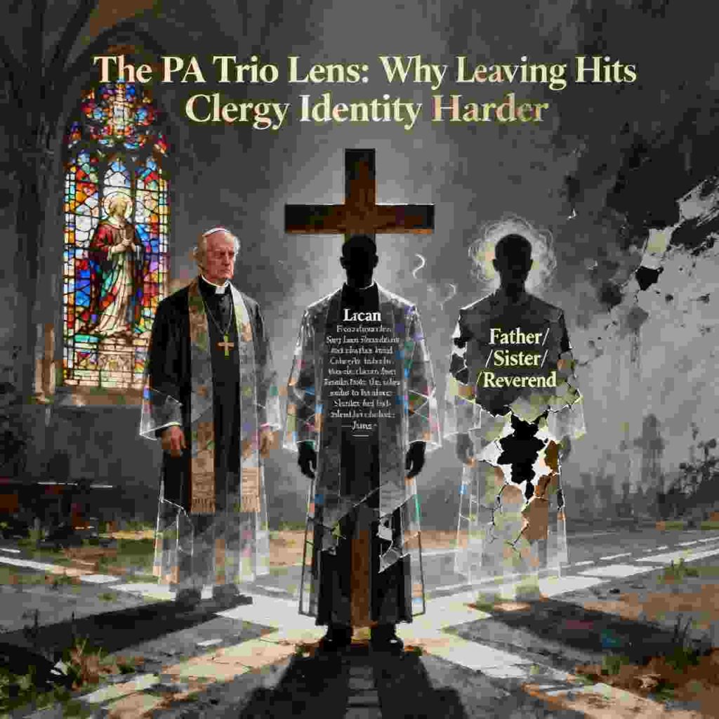Faith Deconstruction for Priests and Nuns: Three priests in a church with a cross behind them in artistic depiction.
