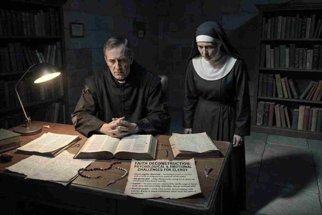 A priest and a nun at the table, reading religious texts.
