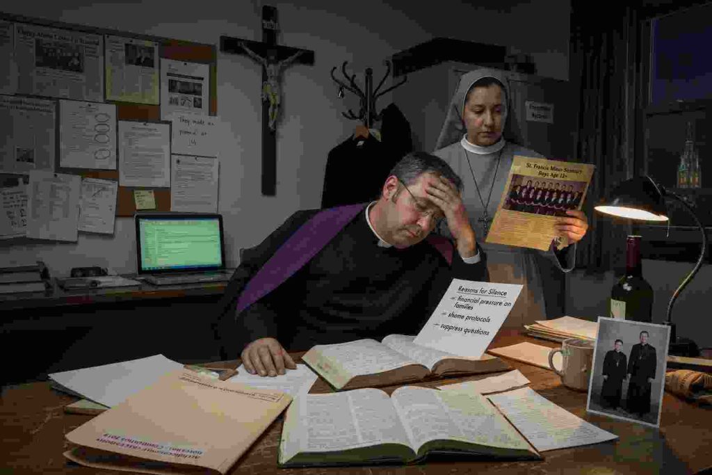 A priest and a nun reading religious books and documents, both worried.