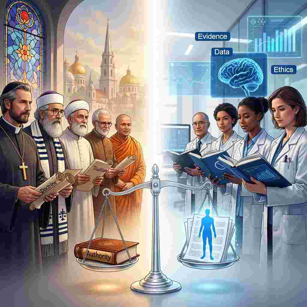 Faith Deconstruction for Teens: On the left, different religious priests with books, in the middle, scales with a book and a human, and on the right, scientists with books. 