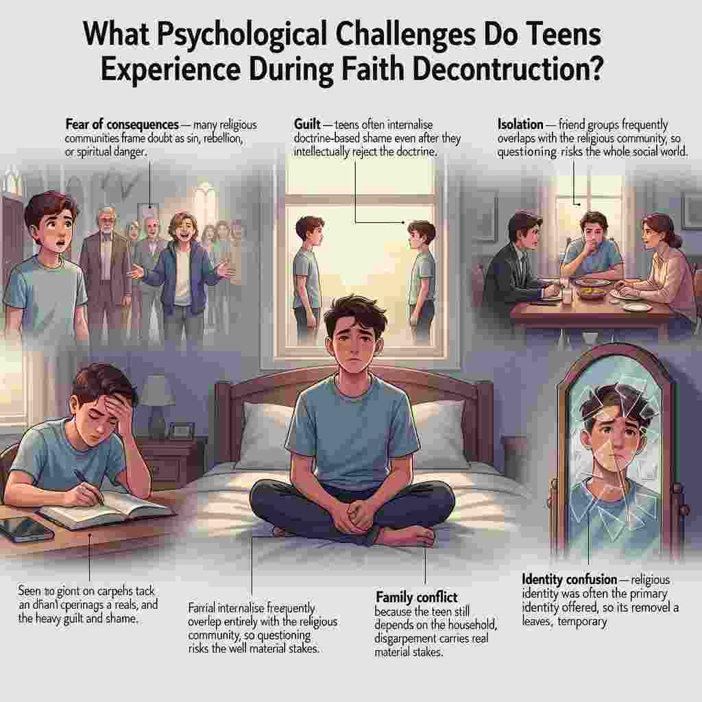 Faith Deconstruction for Teens: Teens in different situations with adults, talking, thinking, writing. 