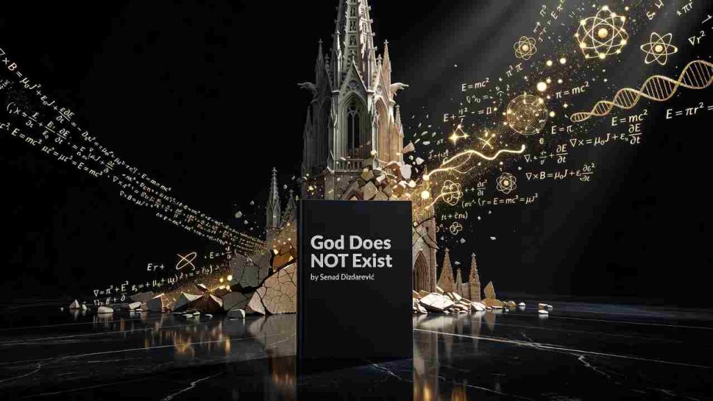 Book in front of the Church with title - God Does NOT Exist by Senad Dizdarević. 
