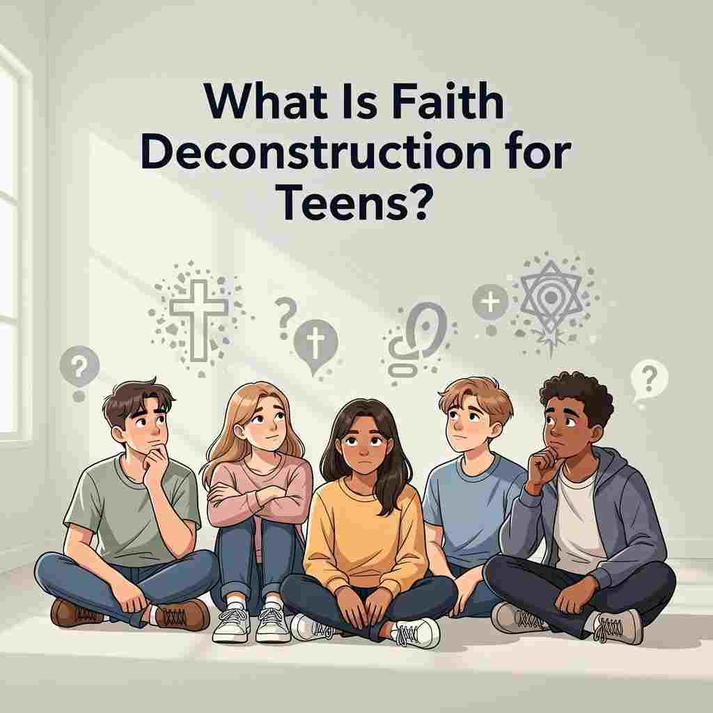 Faith Deconstruction for Teens: Group of teens sitting on the floor with religious symbols in the air. 