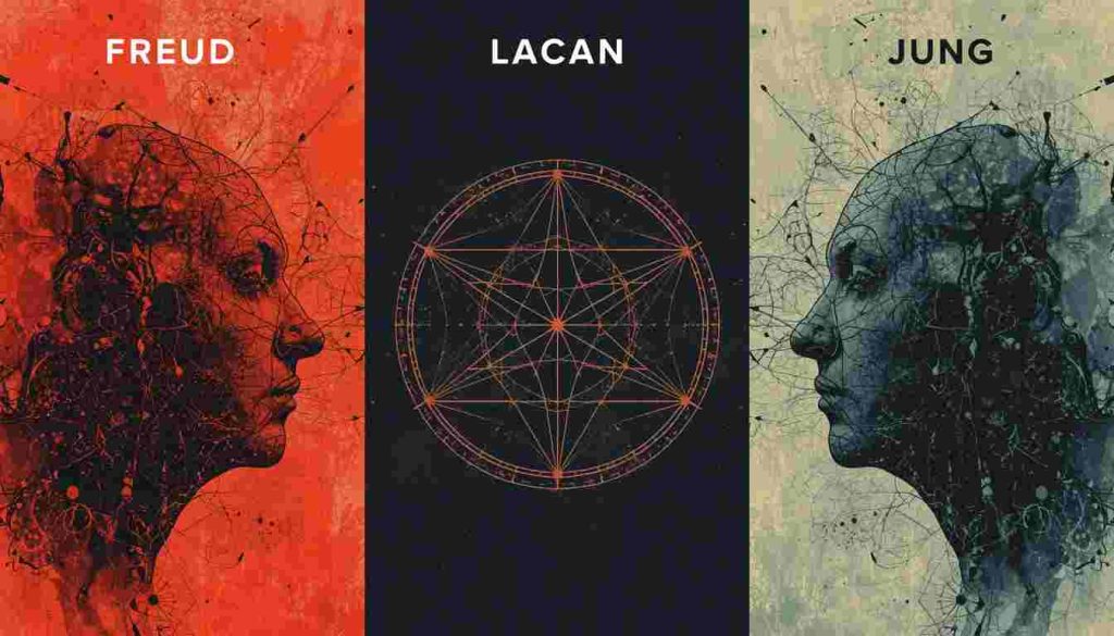 Faith Deconstruction Hijack: On the left, profile of the abstract fase, in the middle, geometric circular graphics, on the right, profile of abstract face.