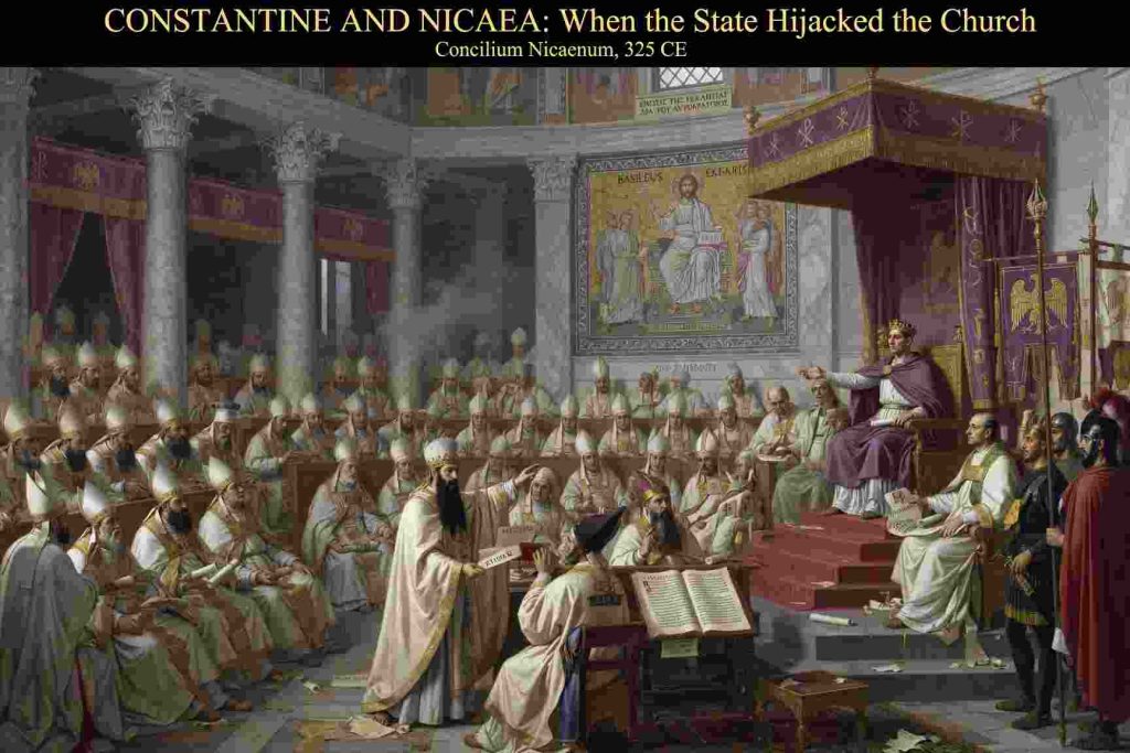 Faith deconstruction hijack history: Ancient meeting of bishops in a big hall with speakers and the emperor Constantine.