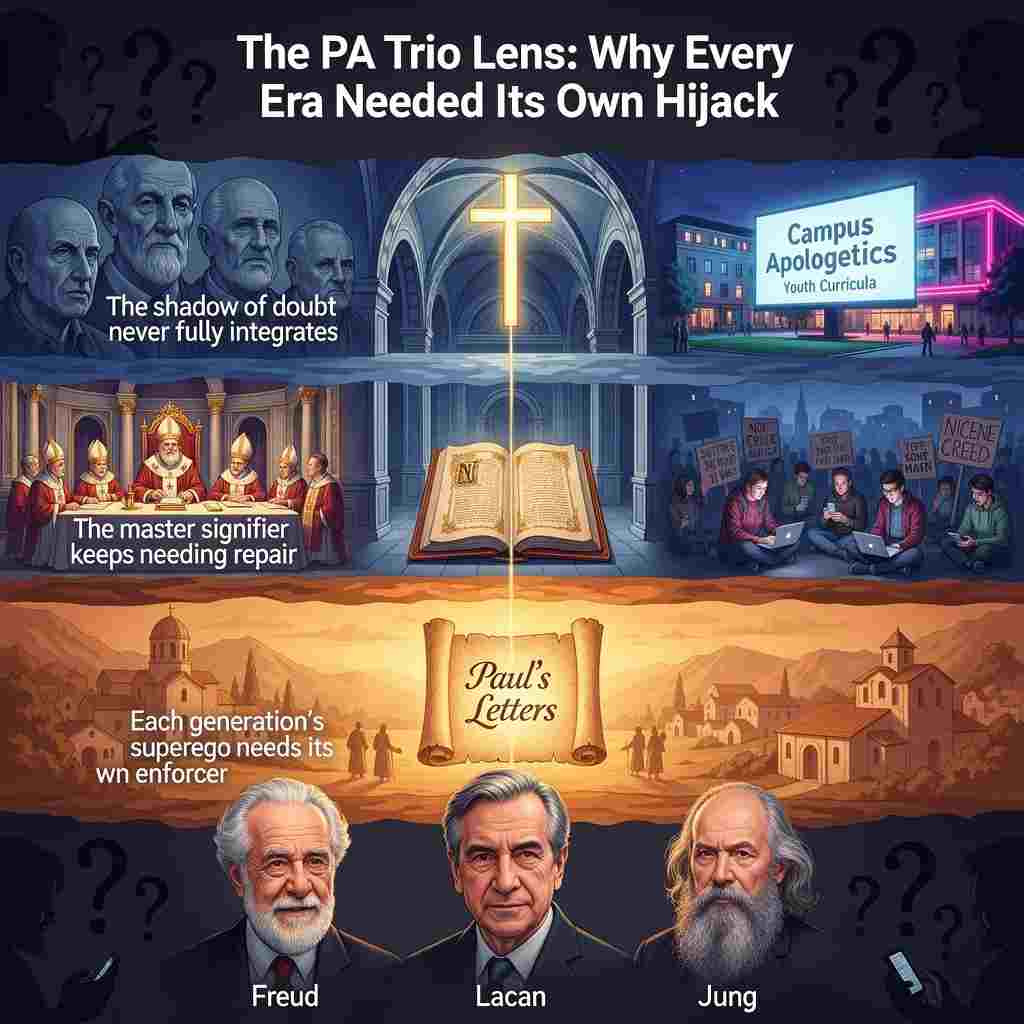 Faith deconstruction hijack history: Freud, Lacan and Jung with religious illustrations, books, and religious symbols above them.