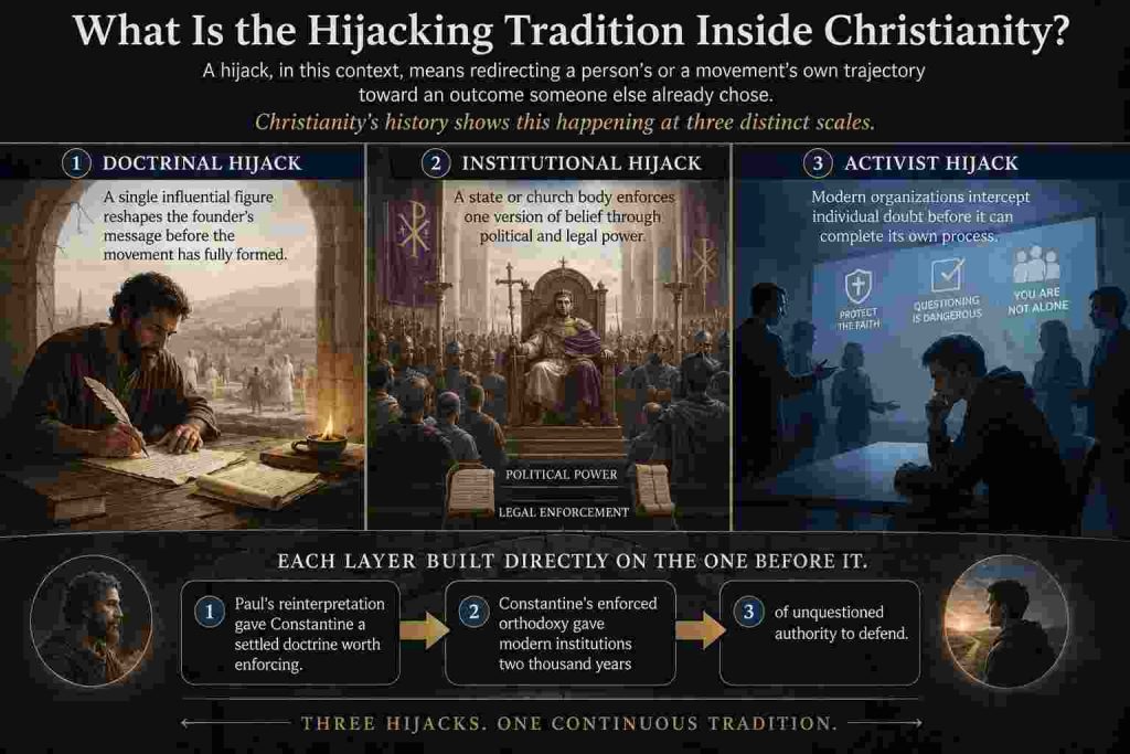 Faith deconstruction hijack history: Triptih with Paul on the left, Constantine in the middle, and teens in the college.