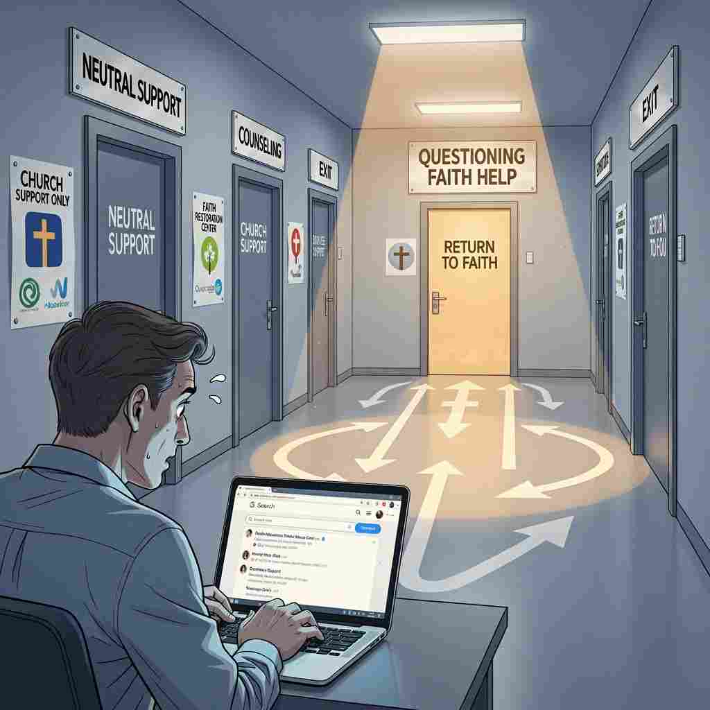 Faith Deconstruction Hijack: A man is sitting at the table with a laptop in the corridor with many doors and signs.