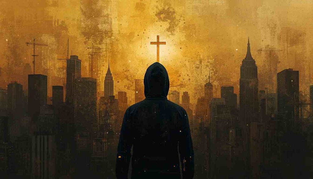 Teen in a hood, standing before the city with many churches.