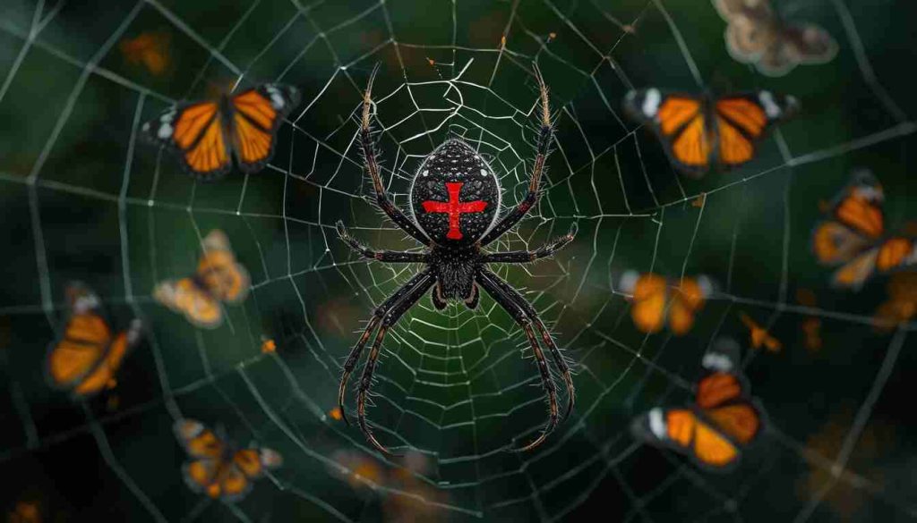 Faith Deconstruction Hijack: Black spider with red cross on its back in the center of the web with butterflies trying to escape the net.