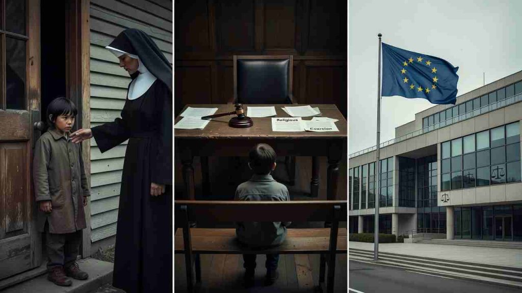 Three panels showing the progression from historical religious coercion of children to modern legal accountability.