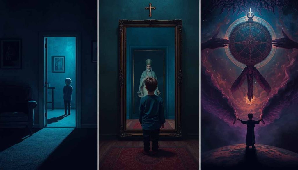Religious Indoctrination of Children: A psychological triptych representing Freud, Lacan, and Jung's perspectives on early religious identity imposition.