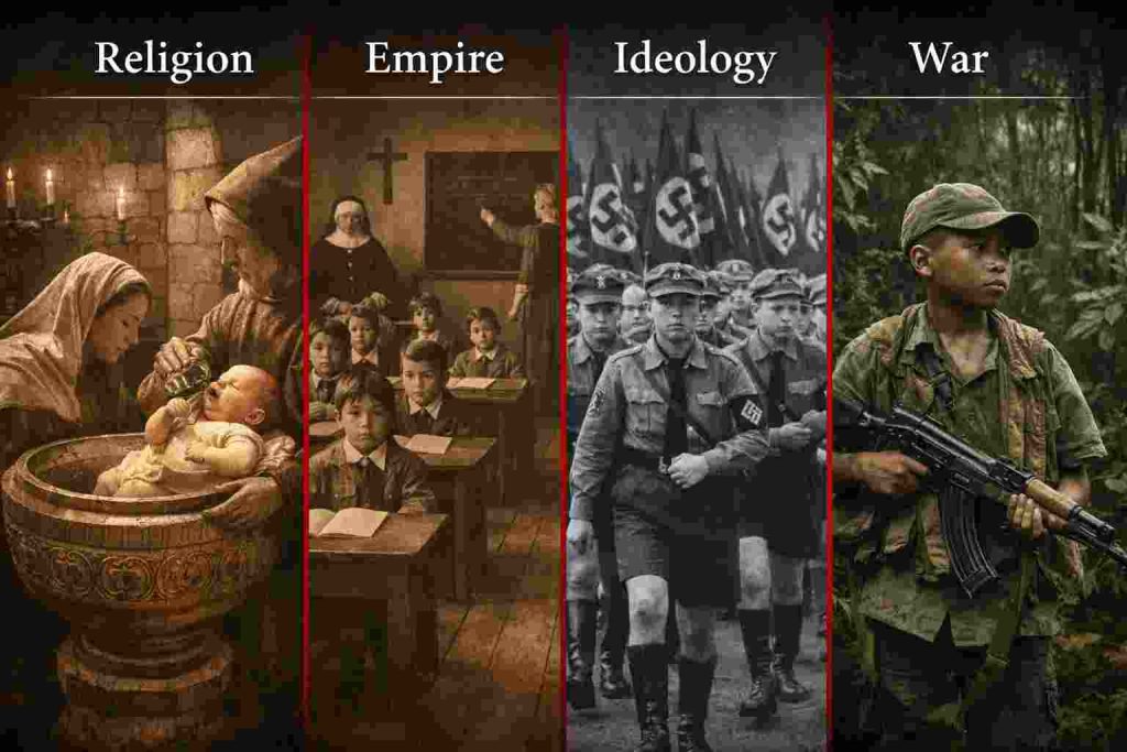 Religious Indoctrination of Children: A historical timeline showing child indoctrination from medieval baptism through colonial schools to modern child soldiers.