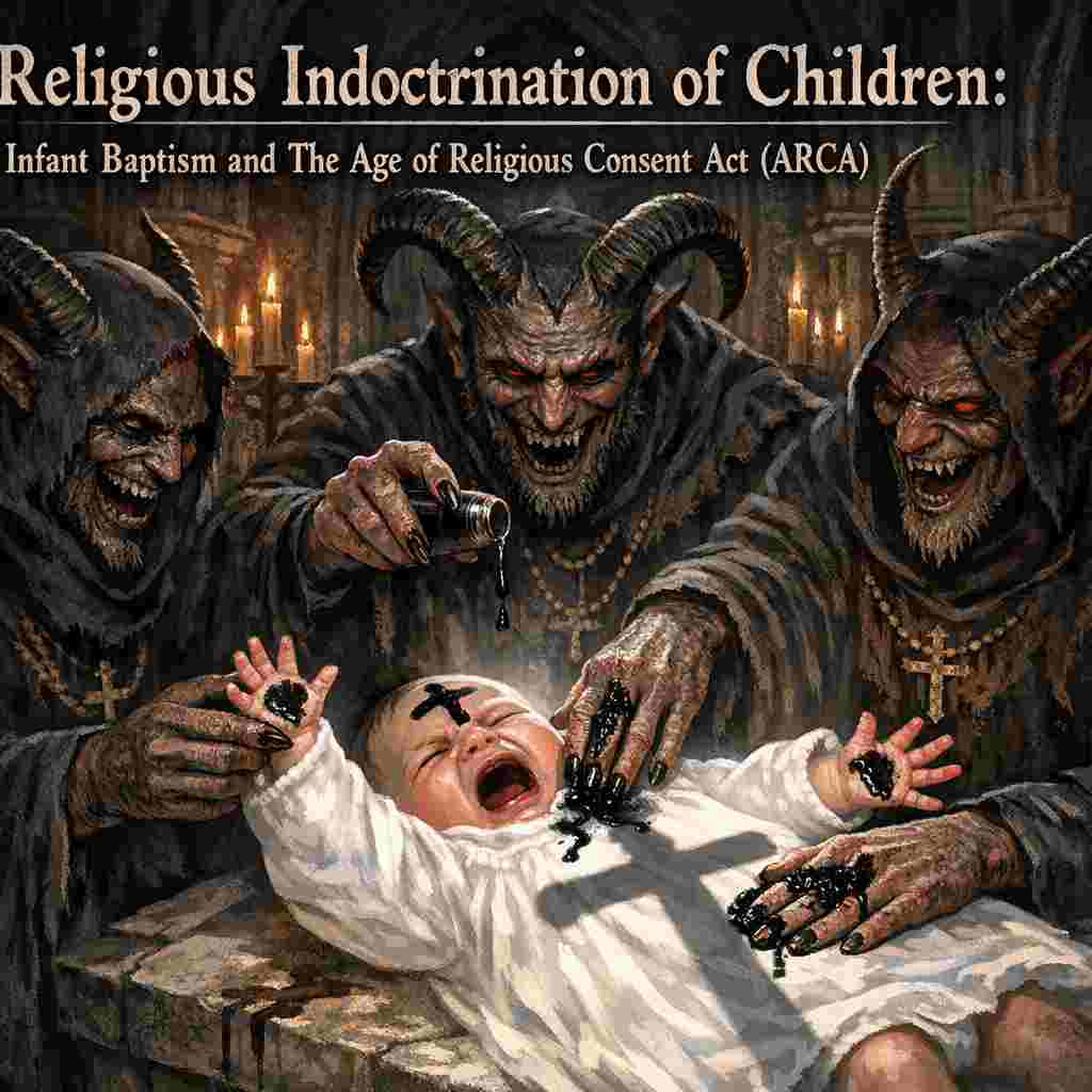 Religious Indoctrination of Children: Demon priests forcibly baptising infant with black paint, putting a dark cross on his body.