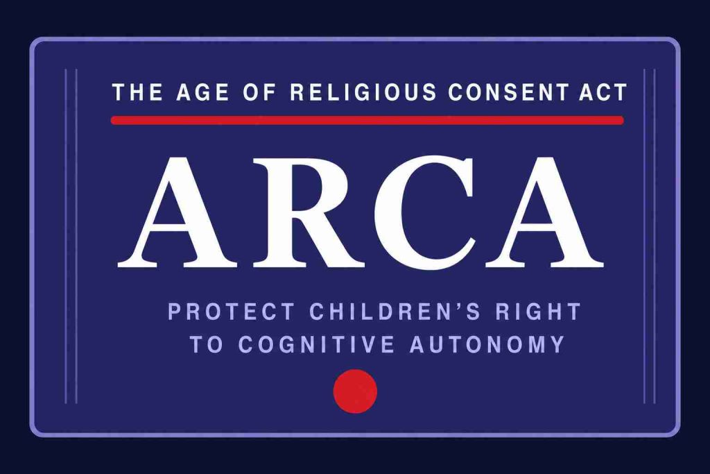 White and blue ARCA, The Age of Religious Consent Act logo with a red dot at the end.