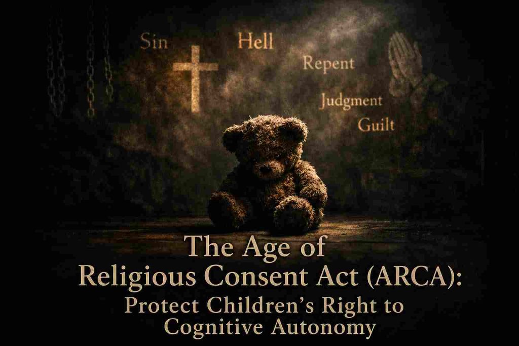 Teddy bear in dark religious prison, alone, with a writings on the wall - hell, repent, judgment, guilt.