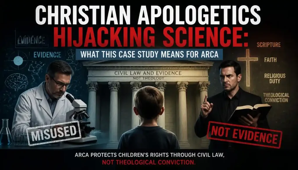 Christian Apologetics Hijacking Science: A scientist, a boy, and a priest standing in front of court for the ARCA legislative motion prodecure.