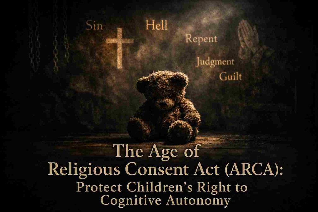 Teddy bear sitting in a dark religious prison, alone, on the floor with religious writings on the wall, hell, repent, judgment, guilt.