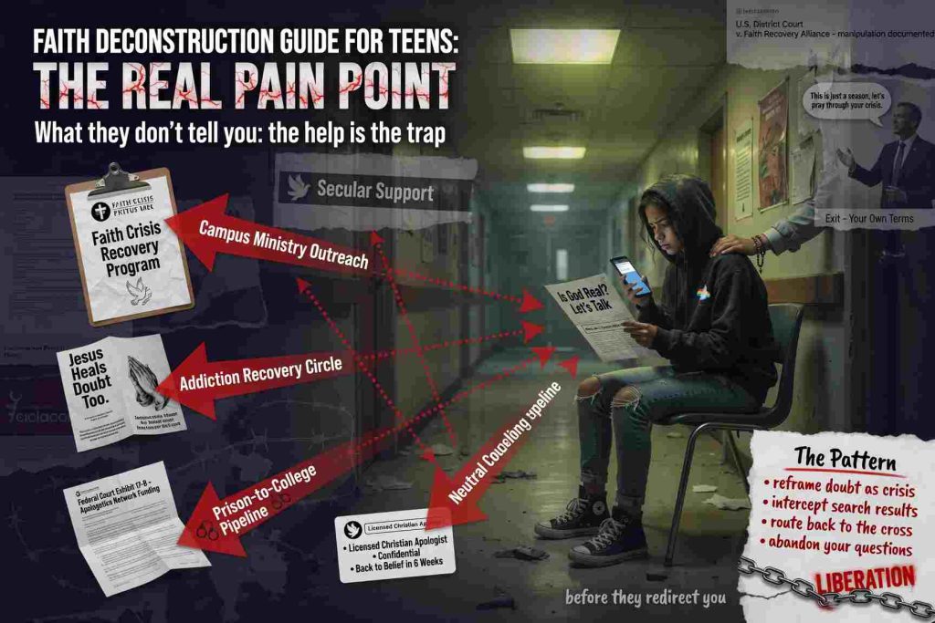 Faith Deconstruction Guide for Teens: Teen sitting in a school hall reading a book and watching at phone. 