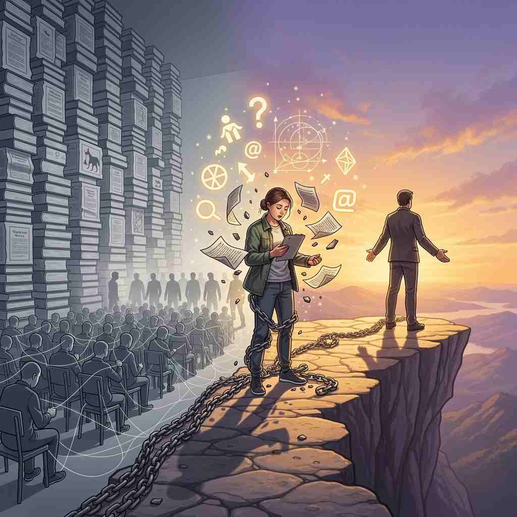Teen standing between old religious doctrine stacks of info, and a new and free way of life. 