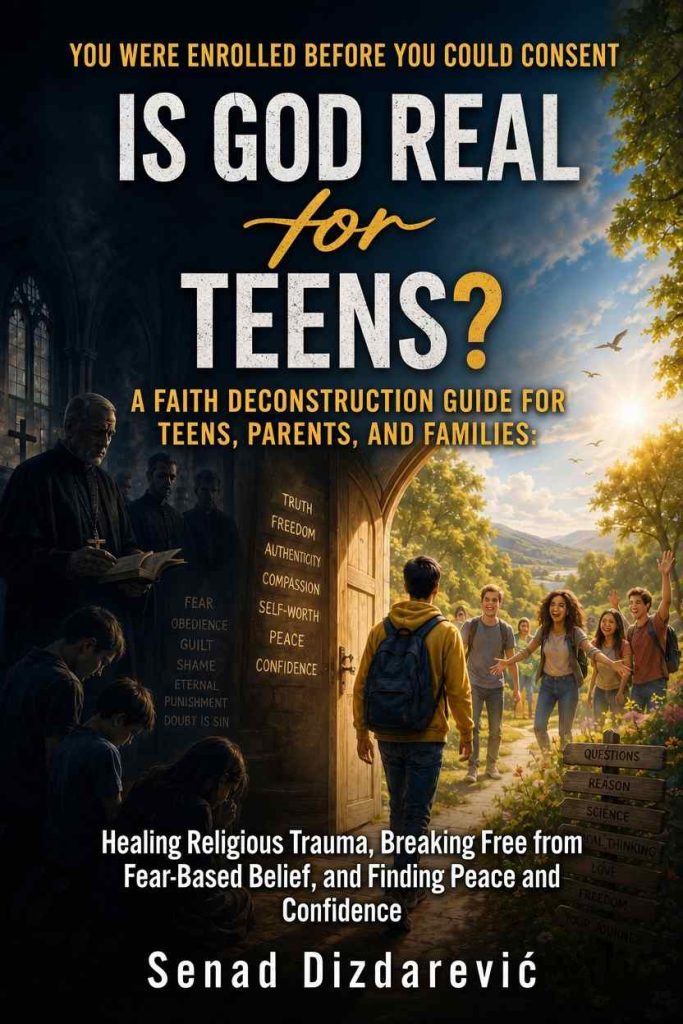 Faith Deconstruction Guide for Teens: Book cover hero image with standing priests and children on their knees in a dark church, and a boy walking out of the church into the sunny and colorful nature with smiling friends waiting for him.