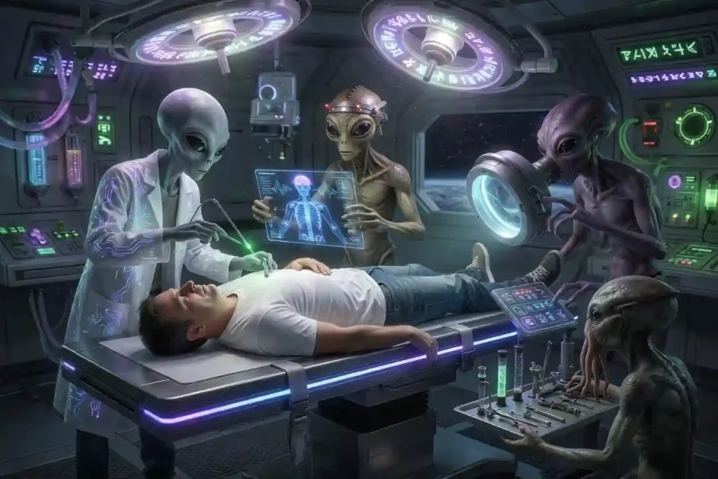 Aliens examining a man in the lab on the table on spaceship. 