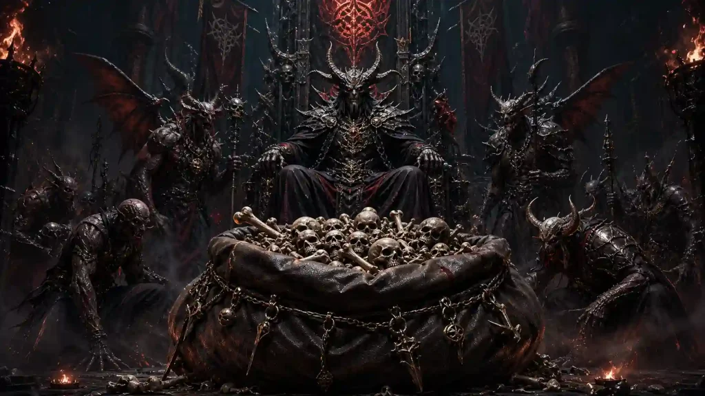 Divider Archon with his demon archons around the big anxiety bag full of human skulls and bones.