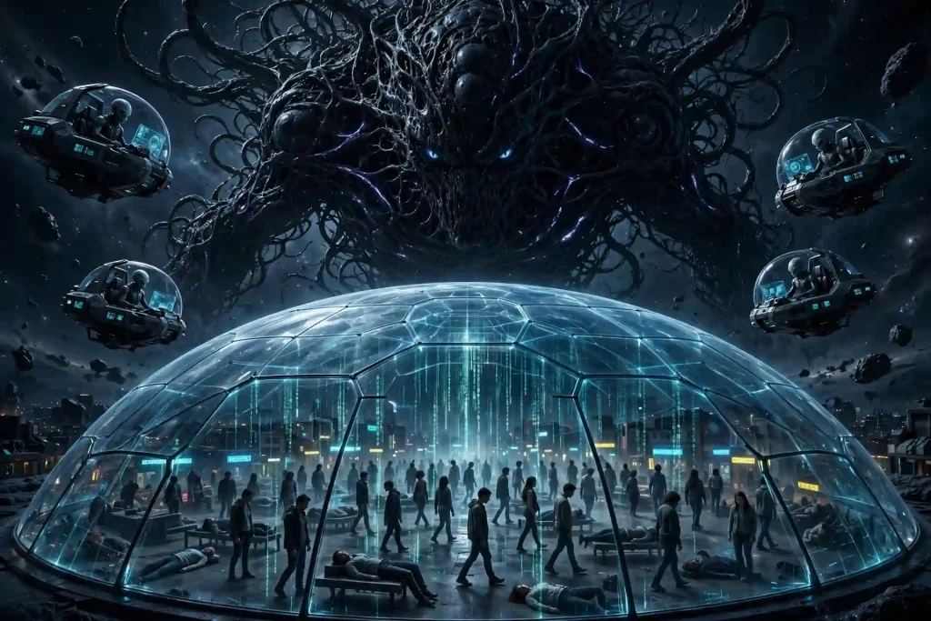Divider with his archons above the dome in which humans live in Simulation. 